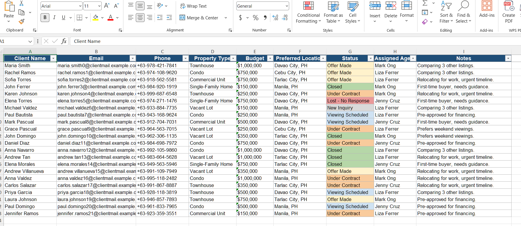 Sample client tracker with color-coded statuses